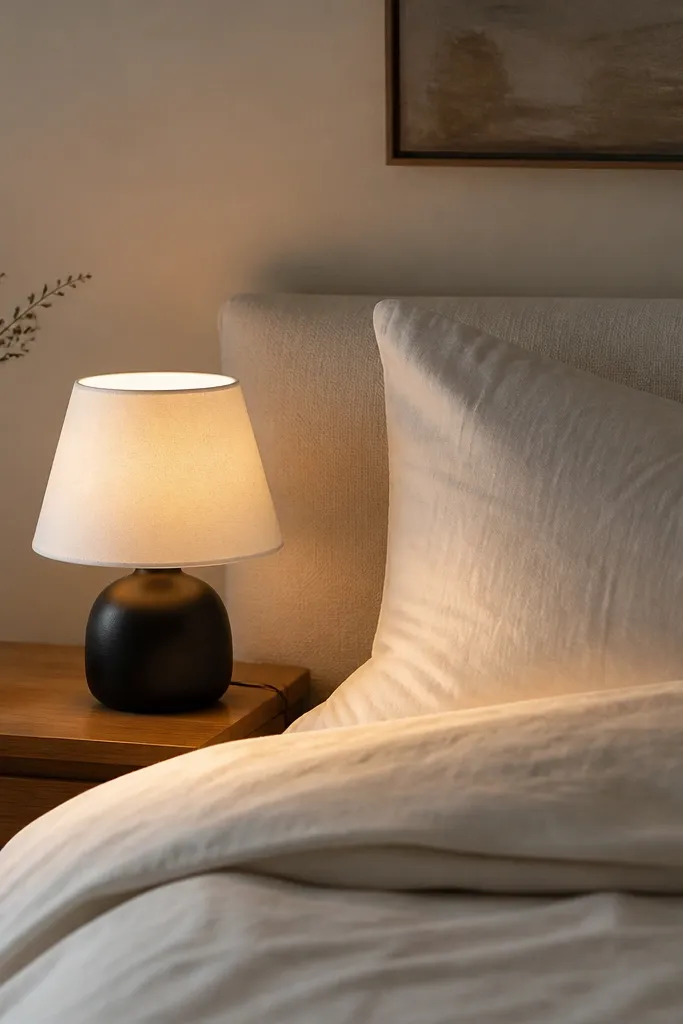 A small bedside lamp with a matte black base and white shade; the light casts a warm glow onto cream bedding.