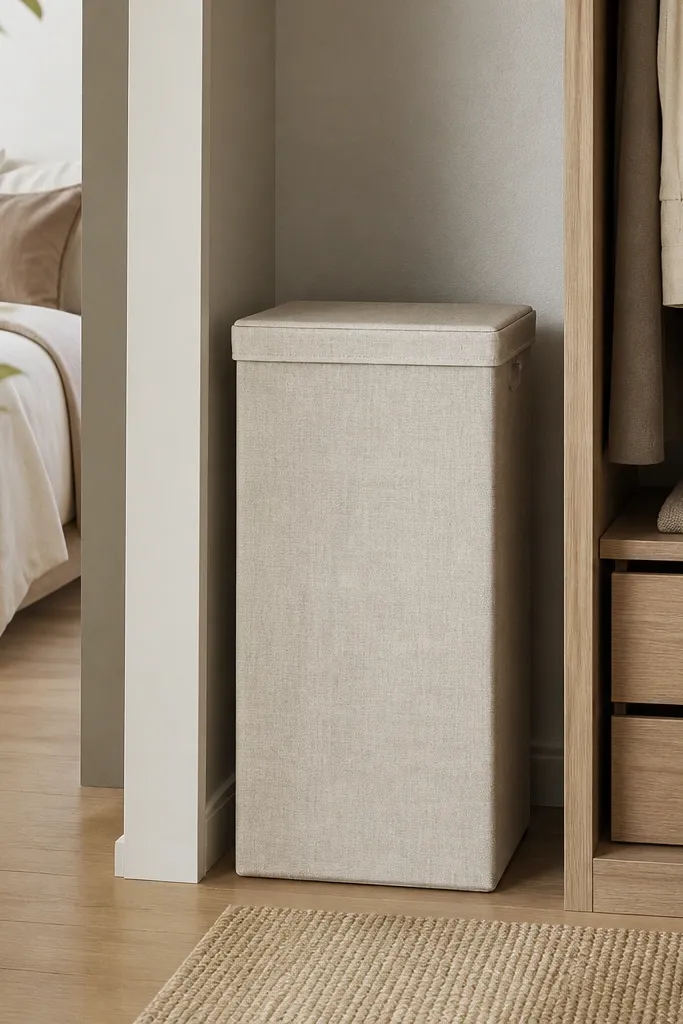 A tall hamper with a light linen cover and a closed lid tucked beside a closet; no laundry is visible.