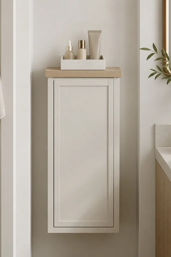 A narrow vanity wall shelf holding a single slim organizer with skincare; below it, a closed cabinet door hides everything else.