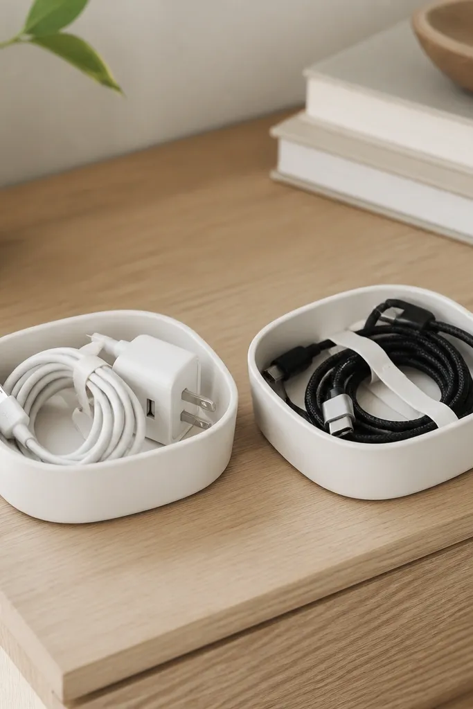 A set of two small rounded caddies on a desk drawer; cables are bundled with ties and the caddies match in light neutral color.