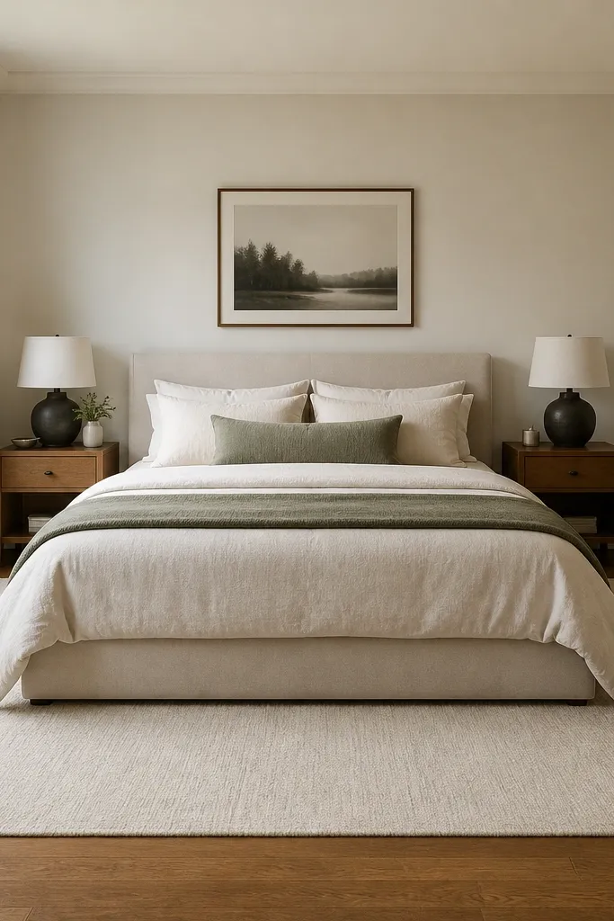 A low-pile cream rug in a small bedroom; the rug edges are straight and clean, with the bed centered over most of it.