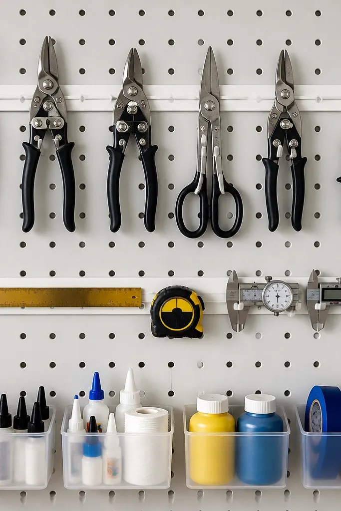 Light pegboard wall with white rails and colored tool handles