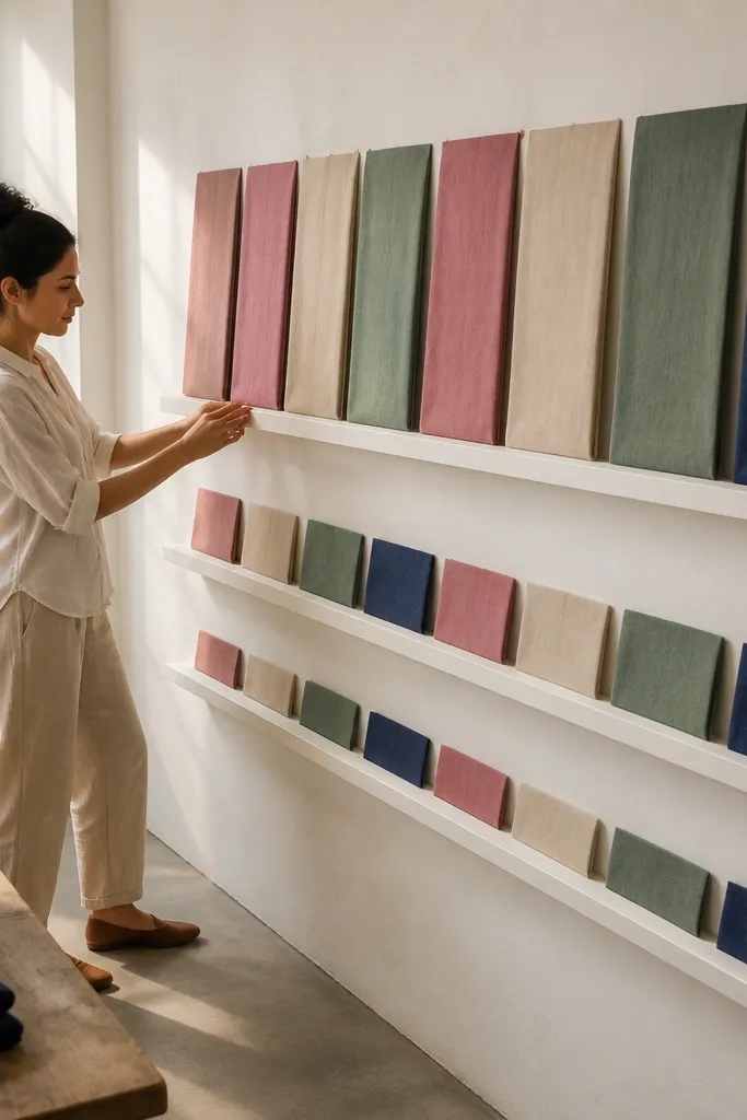 Three floating shelves with folded fabric swatches in matching bins