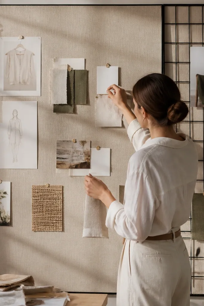 White linen fabric panel pinned with craft cards inside a thin frame grid