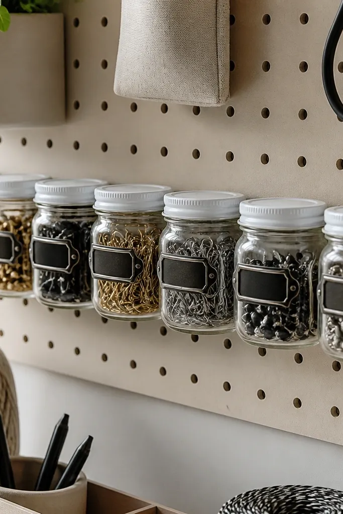 Small magnetic jars mounted on a pegboard wall with labels