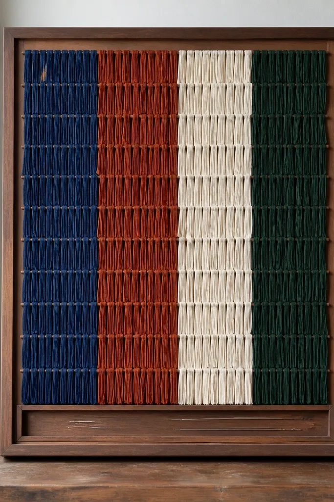 Framed board with thread spools tied in color bands and neat labels
