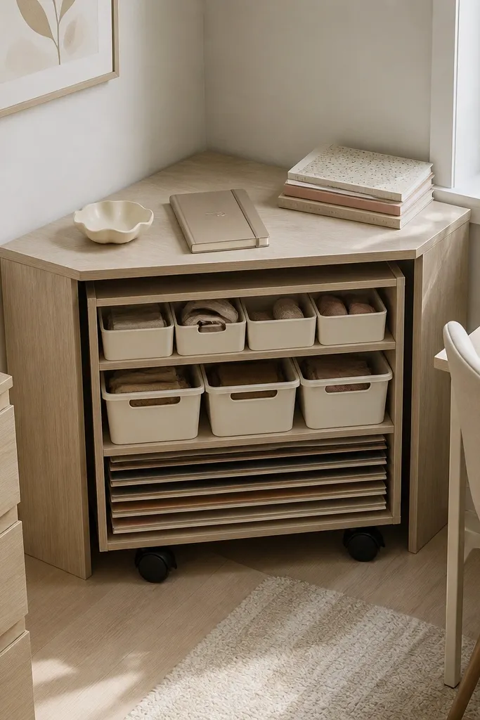Small corner shelf with a rolling cart tucked underneath for supplies
