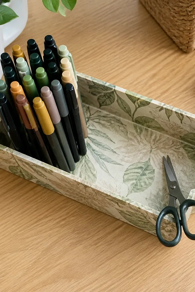 Decorative tray with decoupage paper holding markers and scissors