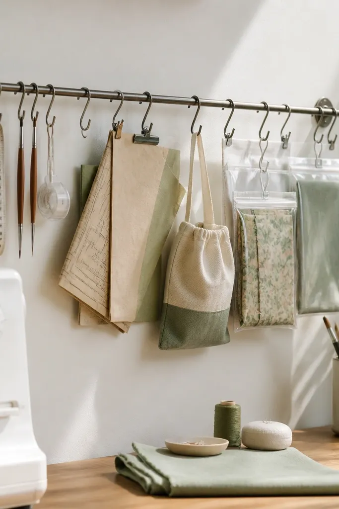 Thin rod mounted on a wall holding hanging craft bags with labels