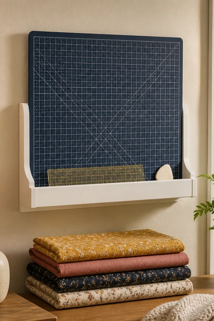 Folded cutting mat stored in a wall holder with fabric bundles beside it