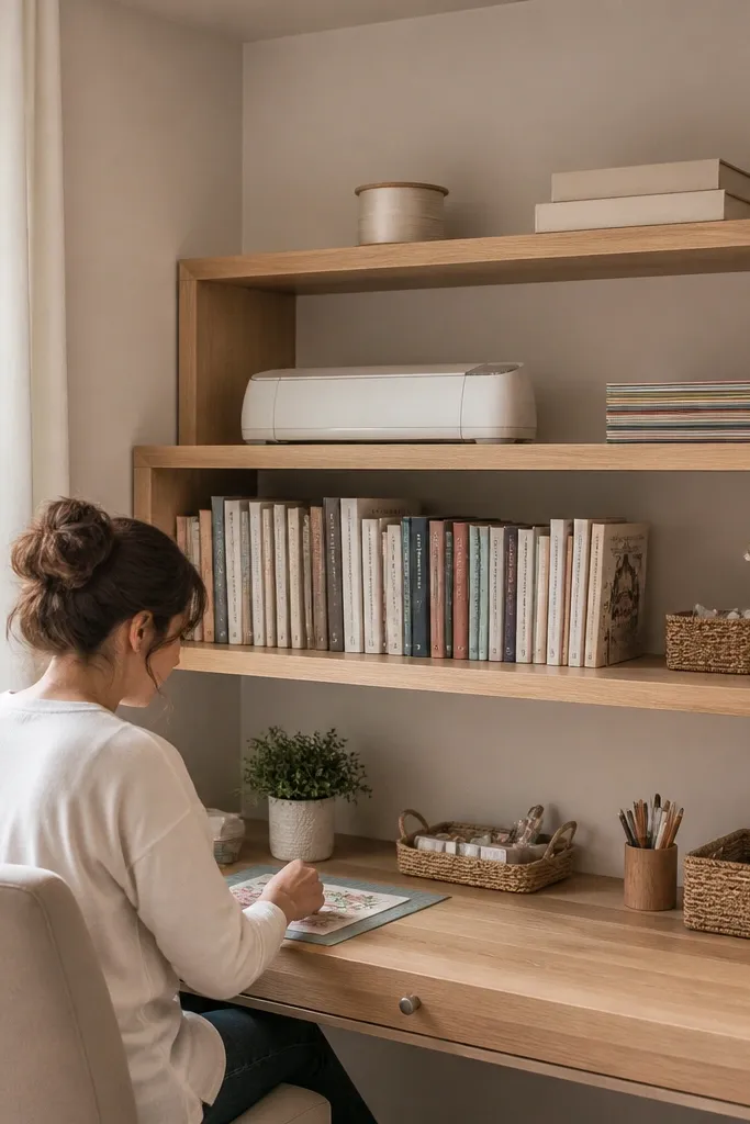 Stair-step shelf with craft books, tools, and small bins arranged by height
