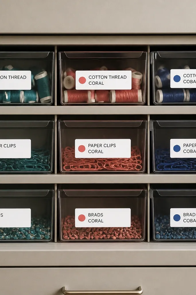 Close wall of labeled bins with colored dots and clear categories