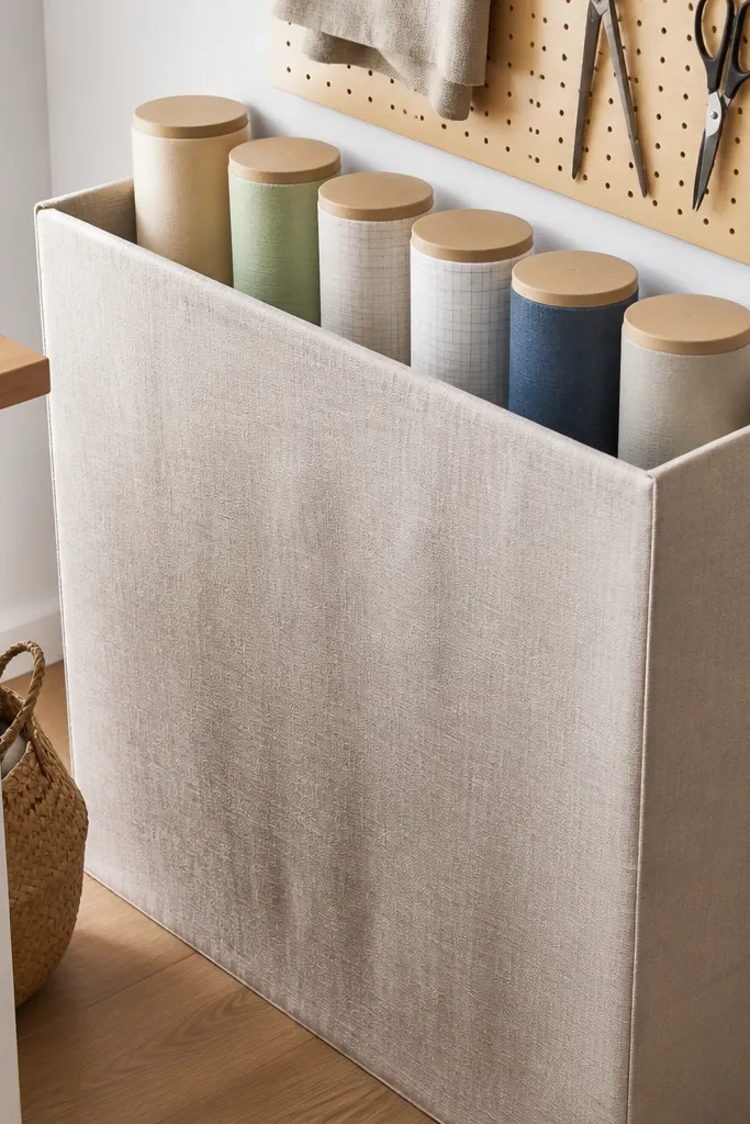Fabric-wrapped paper roll holder with rolled cardstock visible inside