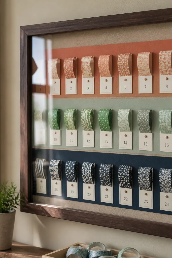 Wall frame with numbered washi tape strips arranged neatly and labels below
