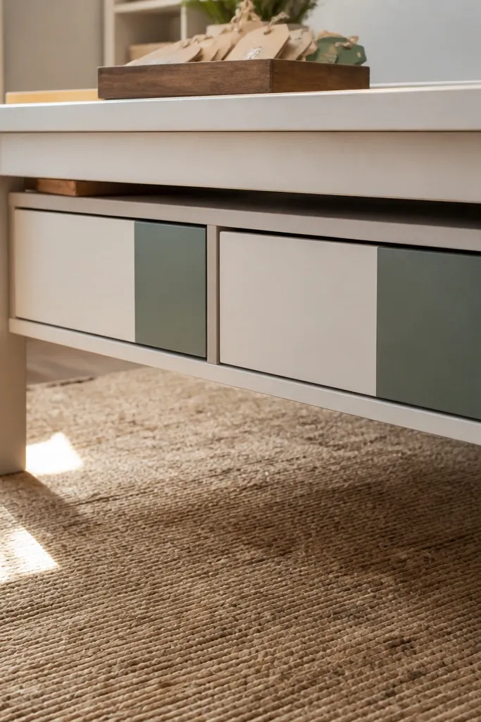 Under-table drawers with two-tone painted fronts and labeled pulls