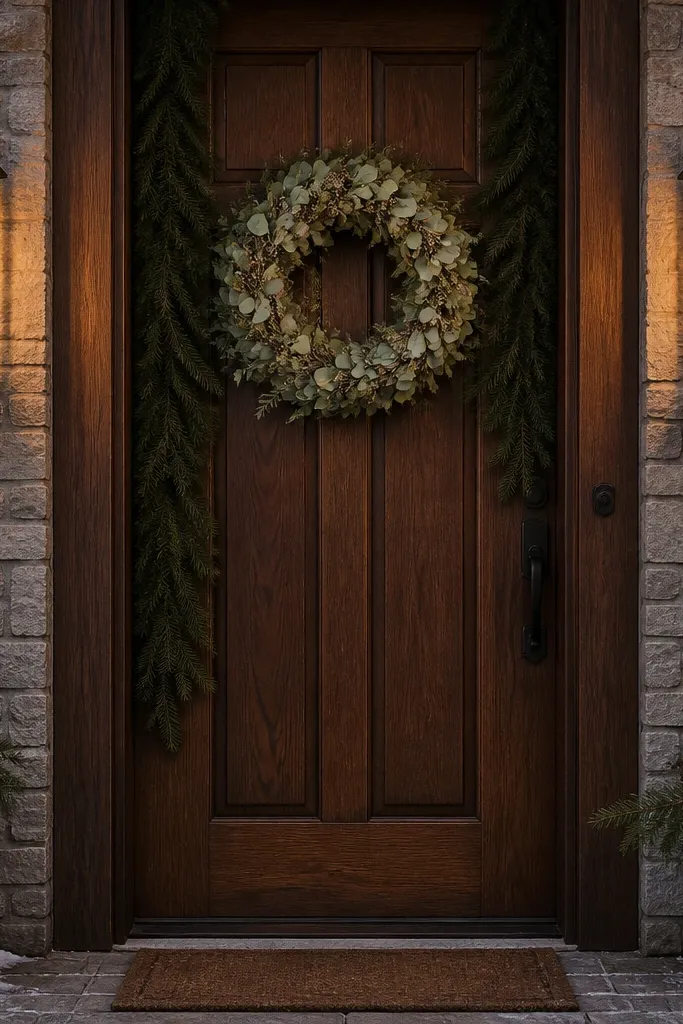 Two black lanterns flanking a wreath on a small porch door with warm white lights