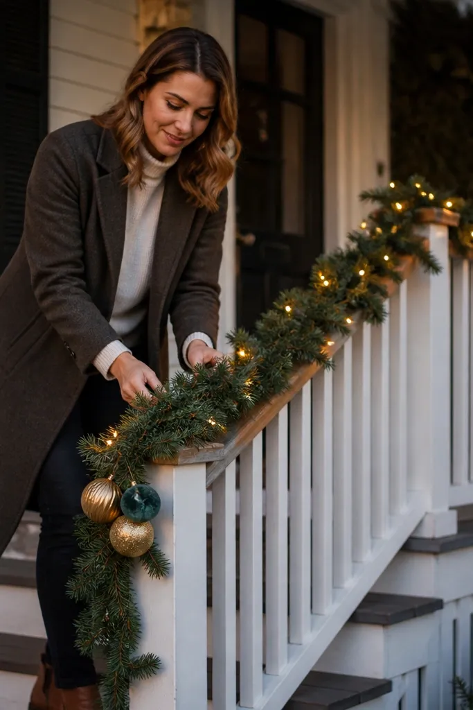 Green slim garland along a porch railing with one cluster of gold ornaments near the corner