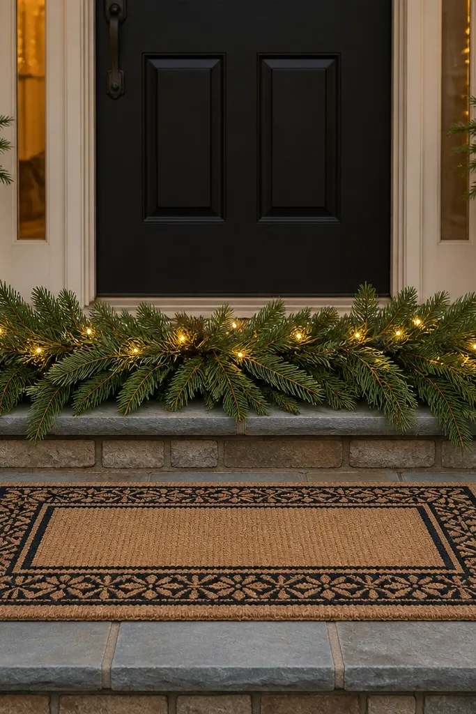 Evergreen swag draped over a top porch step with a plaid doormat underneath