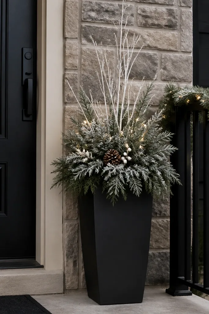 Tall narrow planter with frosted greenery and white floral picks by the front door