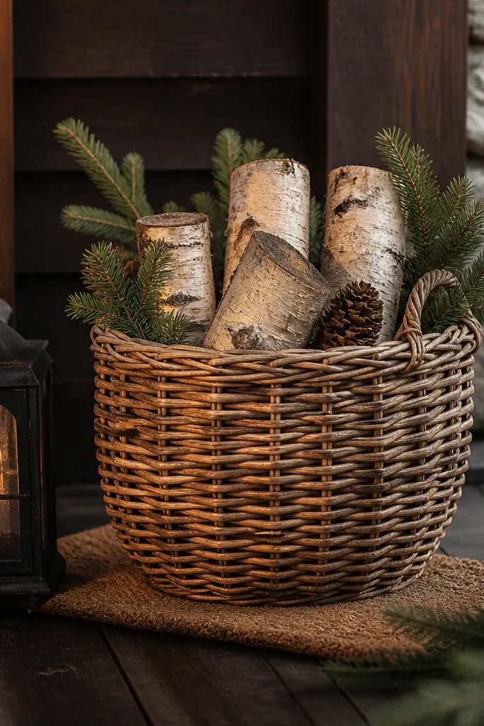 Rattan basket filled with pinecones, birch logs, and warm white lights on a small porch