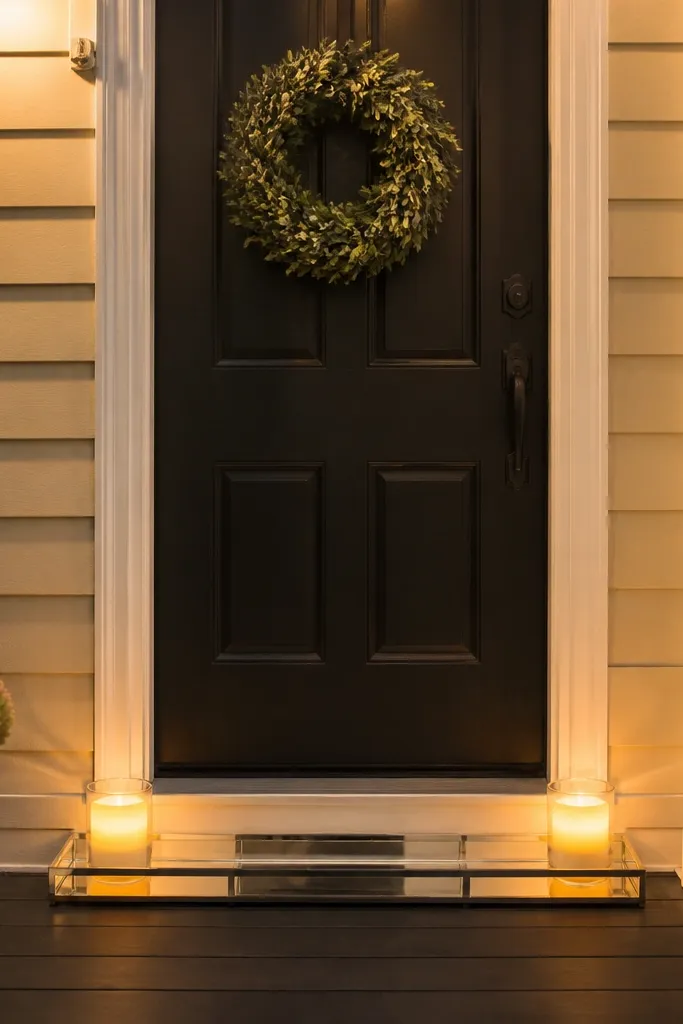Wreath on the door with a mirrored tray runner and small candles on a tiny porch