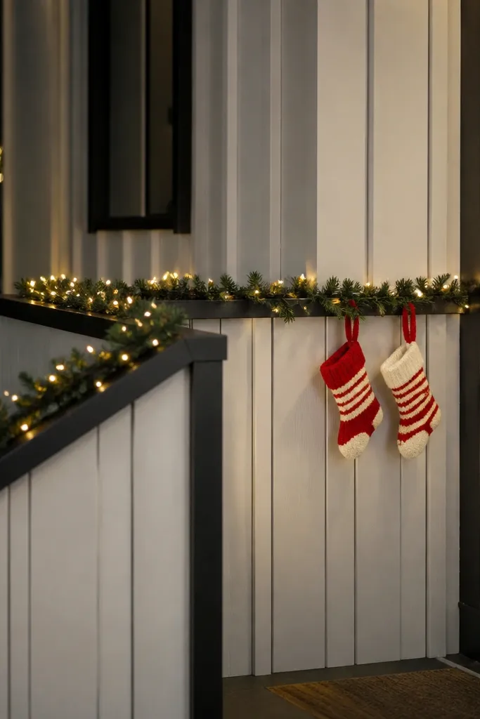 A small corner porch with a garland on a wall and two mini stockings hanging near the wreath