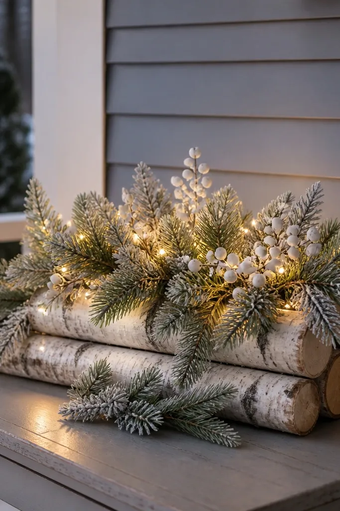 Birch log centerpiece with frosted greenery and warm white lights on a small side table