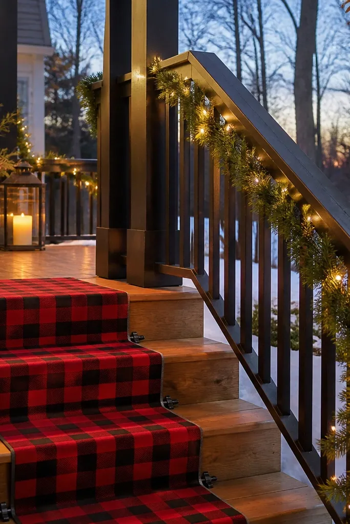 Narrow porch steps with a runner rug and tiny garland clips along the edge