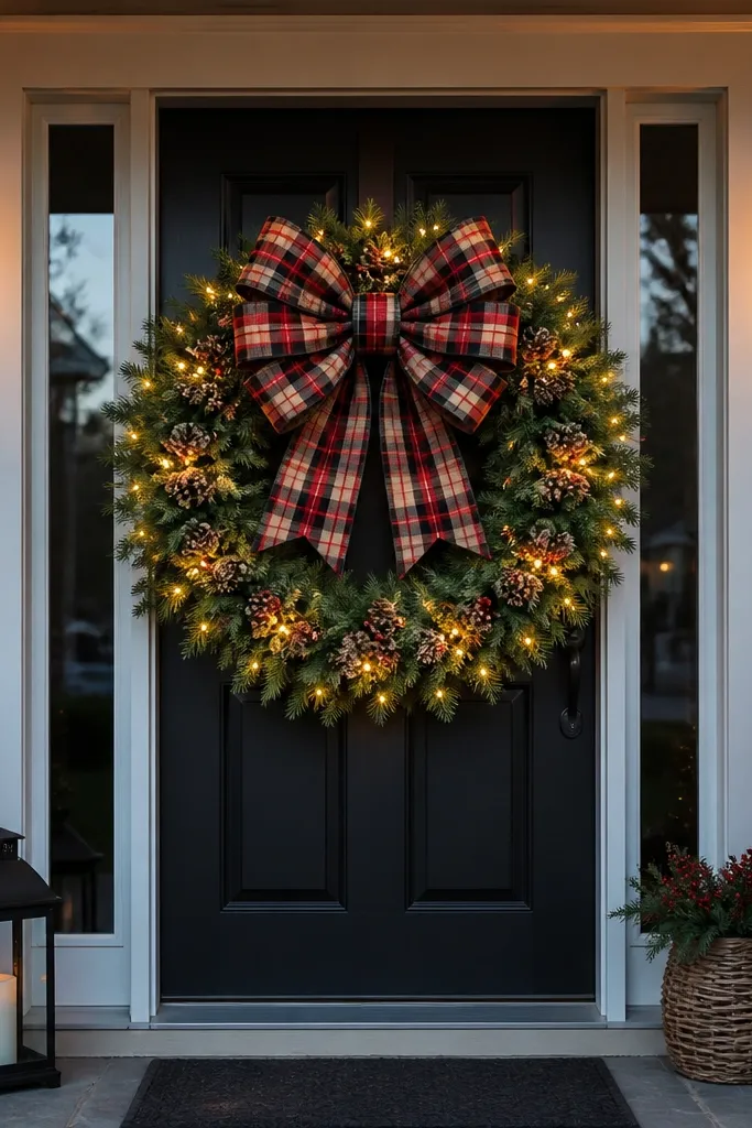 Large wreath on a small porch door with an oversized plaid bow and warm white lights