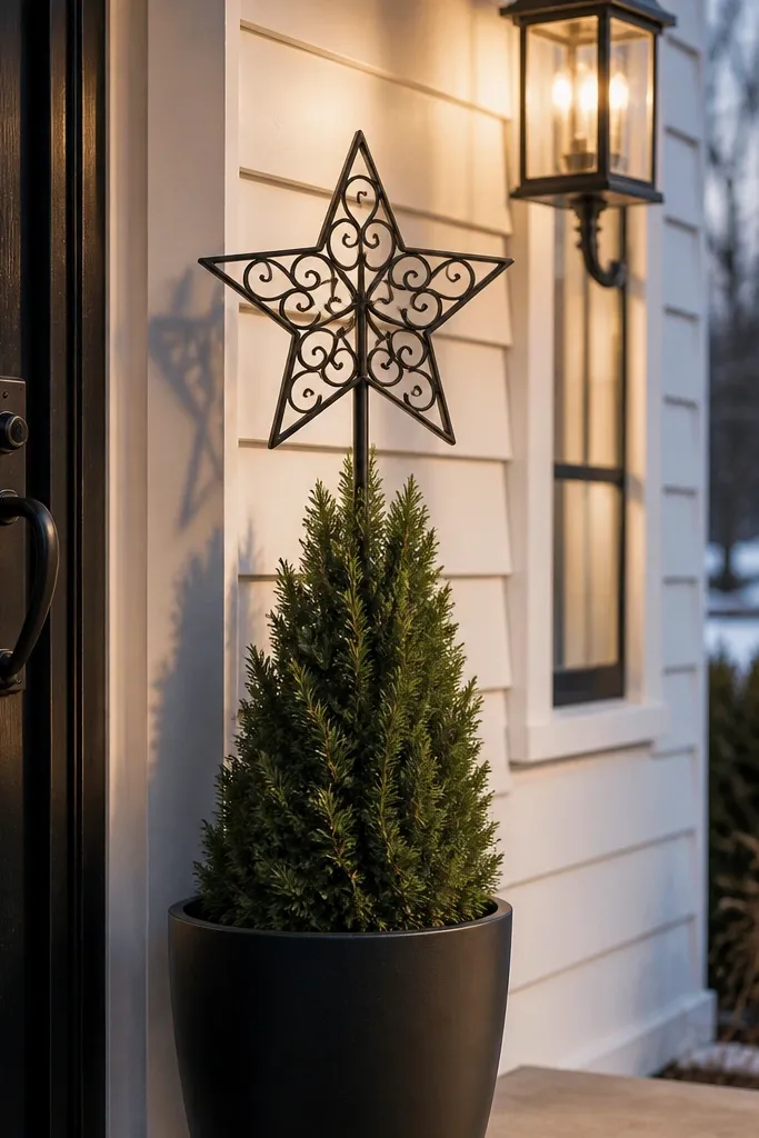 Potted evergreen on a porch with a black star stake and warm white string lights