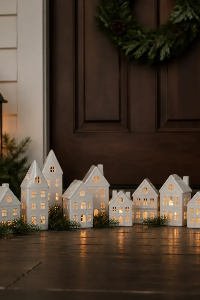 Small white ceramic house village with warm lights arranged on a porch floor near a wreath