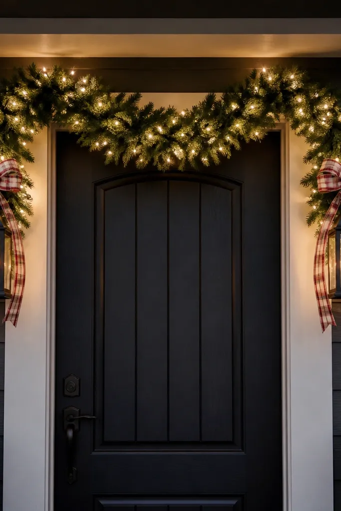 Pre-lit garland swag above a door with two lanterns tied with matching ribbon