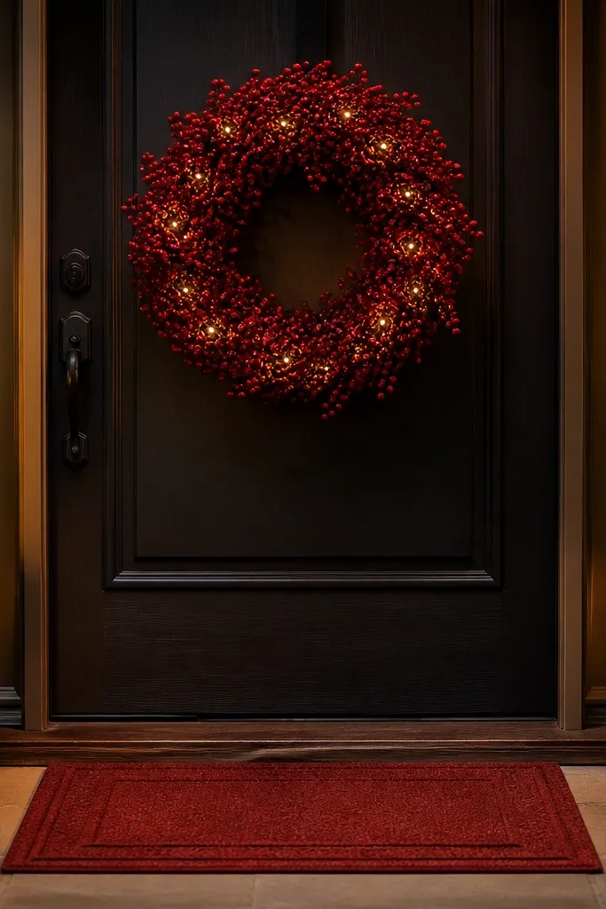 Red berry wreath on a porch door with a red doormat and warm white lights