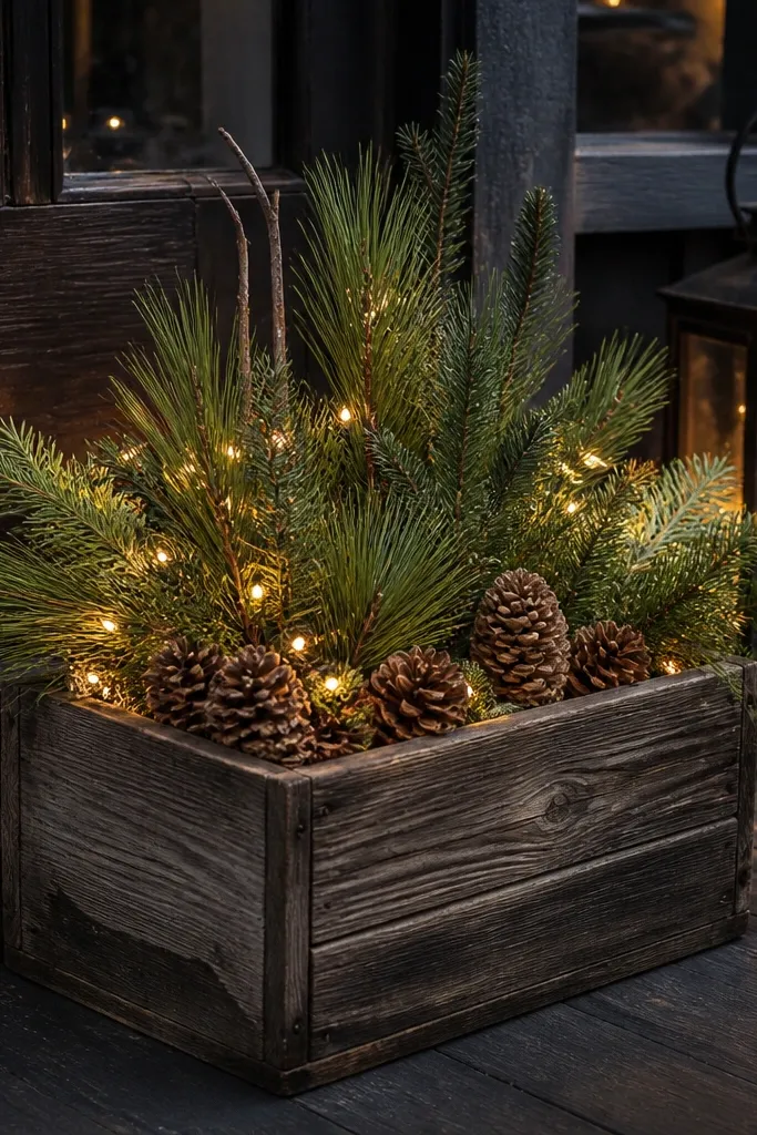 Wood crate planter filled with evergreen cuttings and pinecones on a small porch
