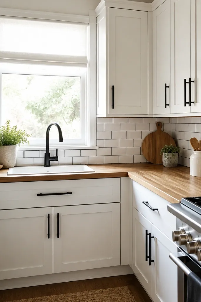 A compact kitchen with white shaker cabinets, warm honey butcher block countertops, and matte black bar pulls. A small window above the sink has a simple white roman shade. The backsplash is a narrow white subway tile with dark grout lines.