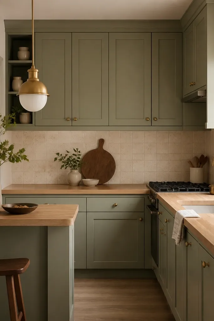 A small kitchen with soft sage painted cabinets, natural butcher block countertops (light wood tone), and warm brass cabinet knobs. The backsplash is cream-colored tile with a subtle speckle pattern. A brass pendant hangs over a narrow peninsula.