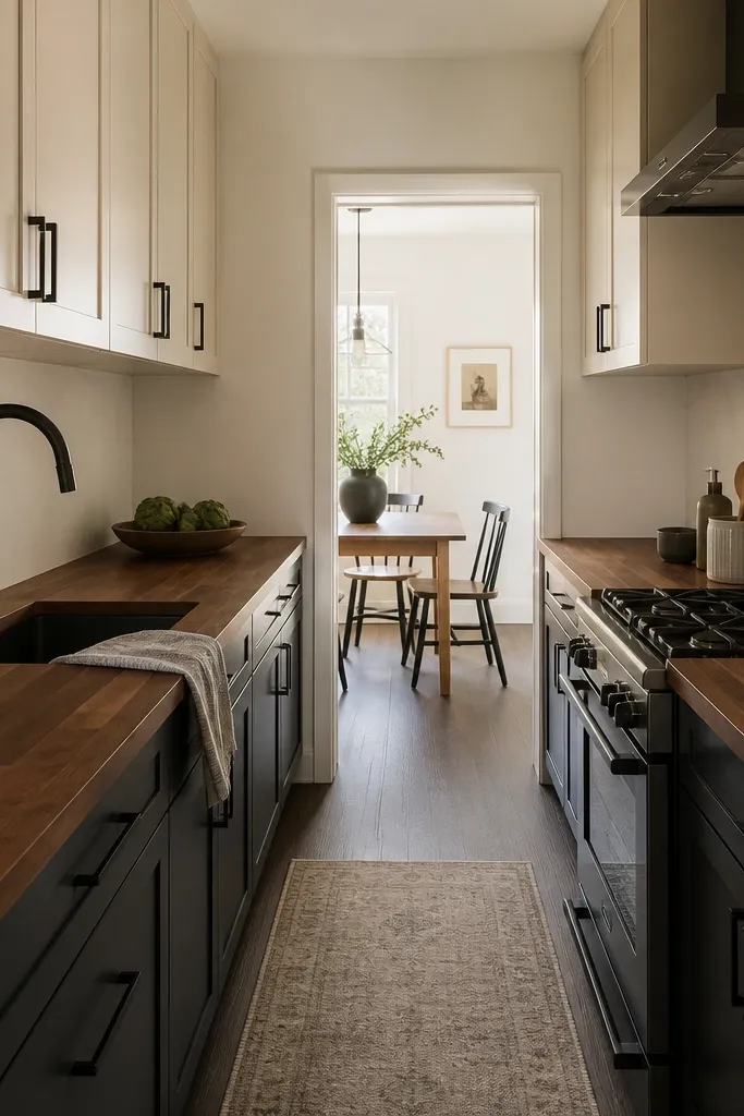 A tight galley kitchen with cream uppers and charcoal lower cabinets. The butcher block countertop is medium walnut with visible grain. Matte black or dark bronze faucet and pulls. The backsplash is a simple off-white slab or large-format tile.
