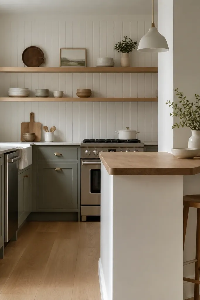 A small kitchen with a narrow peninsula. The butcher block top runs along the peninsula edge. White beadboard paneling covers the wall behind open shelving. The pendant light is simple, and the flooring is light oak.