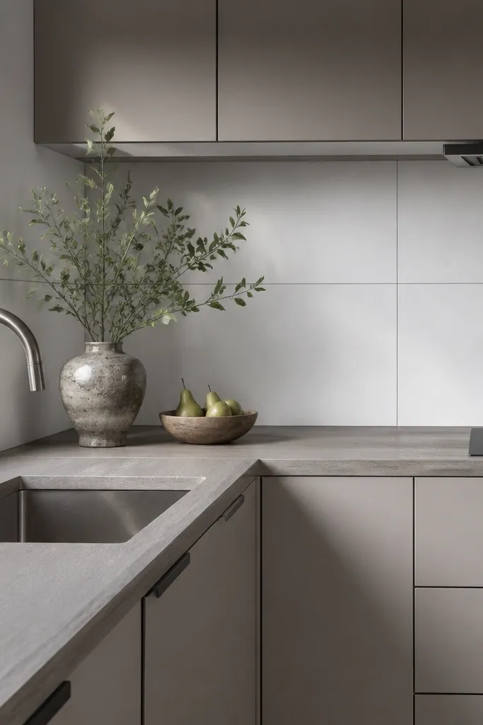 A modern small kitchen with flat-front cabinets in warm light gray. The butcher block countertop is gray-washed and matte, with straight, clean edges. The backsplash is large white tile slabs with minimal grout. Stainless or brushed steel faucet.