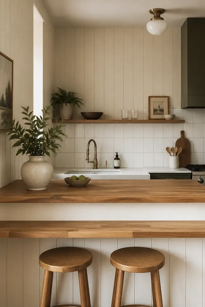A compact kitchen with a small bar area. There's a butcher block counter and a lower tier for stools. Vertical shiplap in a warm off-white runs up the wall. The backsplash is a simple white tile strip.