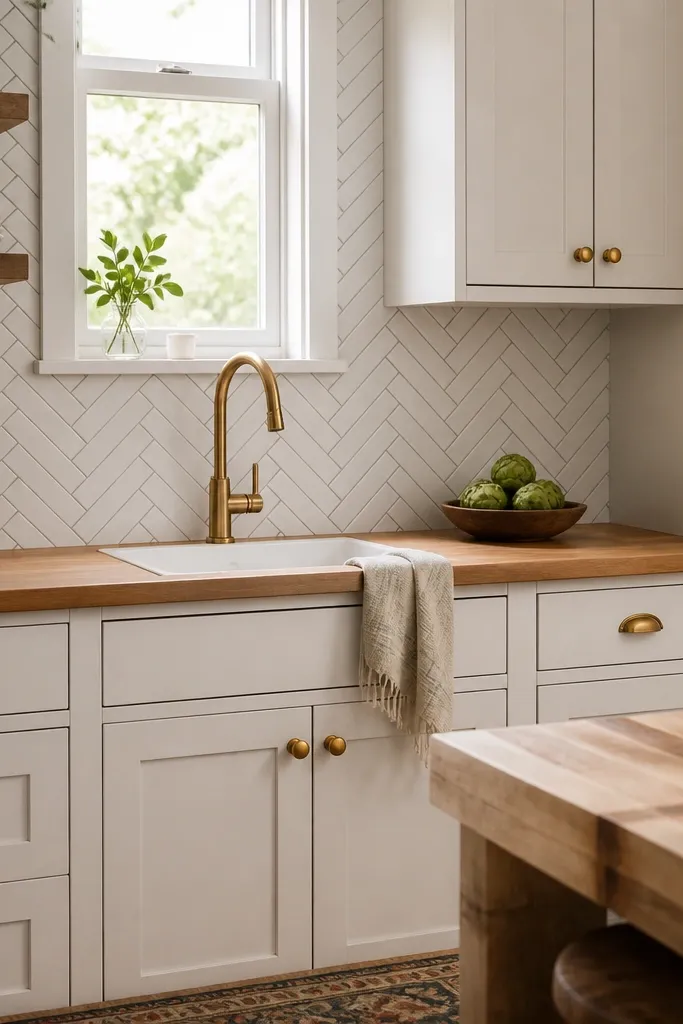A small kitchen with white cabinets and a warm butcher block countertop. The backsplash is white herringbone tile with light gray grout. A warm brass faucet and matching cabinet hardware. A small window above the sink.