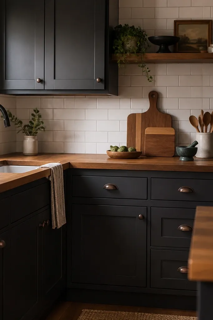 A compact kitchen with charcoal painted cabinets, butcher block countertops in medium honey walnut tone, and a white ceramic subway backsplash. The grout is light gray. The faucet is matte black and the cabinet pulls are dark bronze.