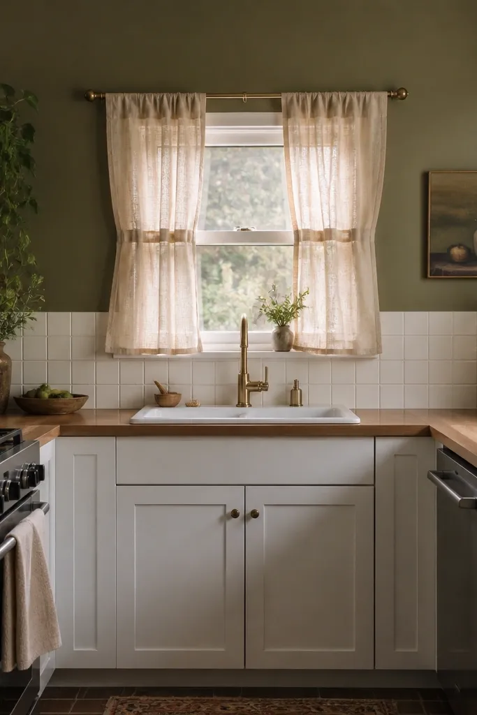 A small kitchen with olive-green painted walls, butcher block countertops, and white cabinets. A sink under a small window has linen curtains in a natural beige. The backsplash is simple off-white tile.