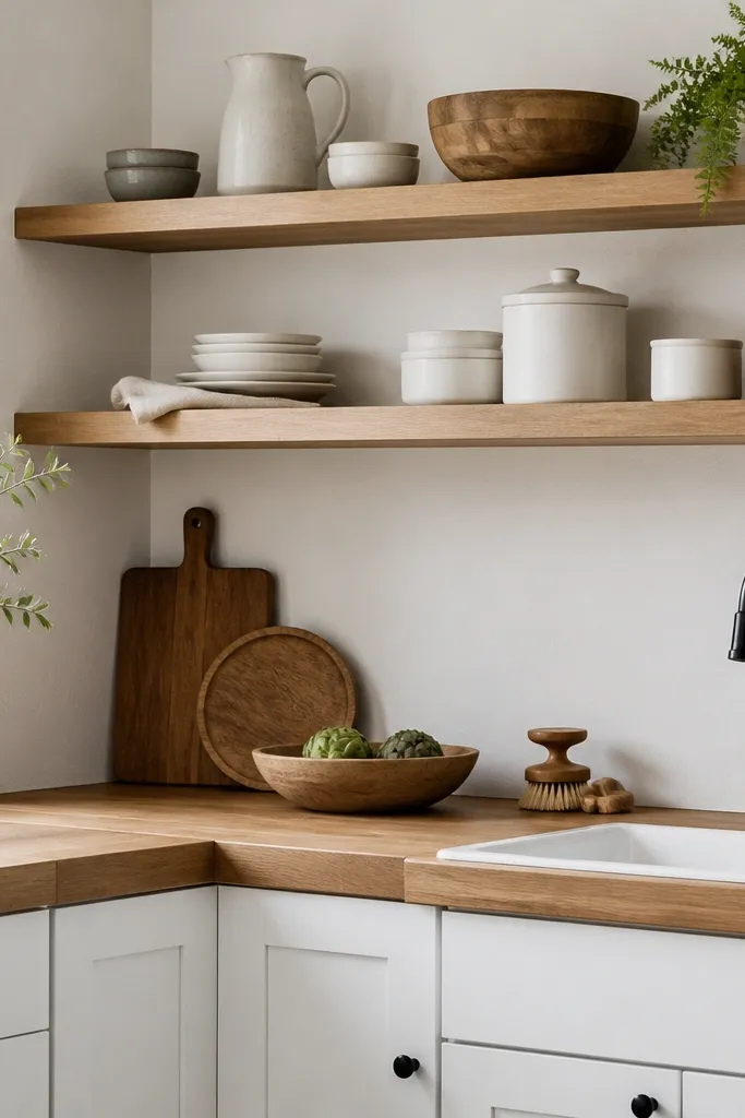 A small kitchen with open wood shelves above the counters. Butcher block countertops sit below. The wall is white. There are white ceramic canisters and a few oak serving pieces. A simple black gooseneck faucet.