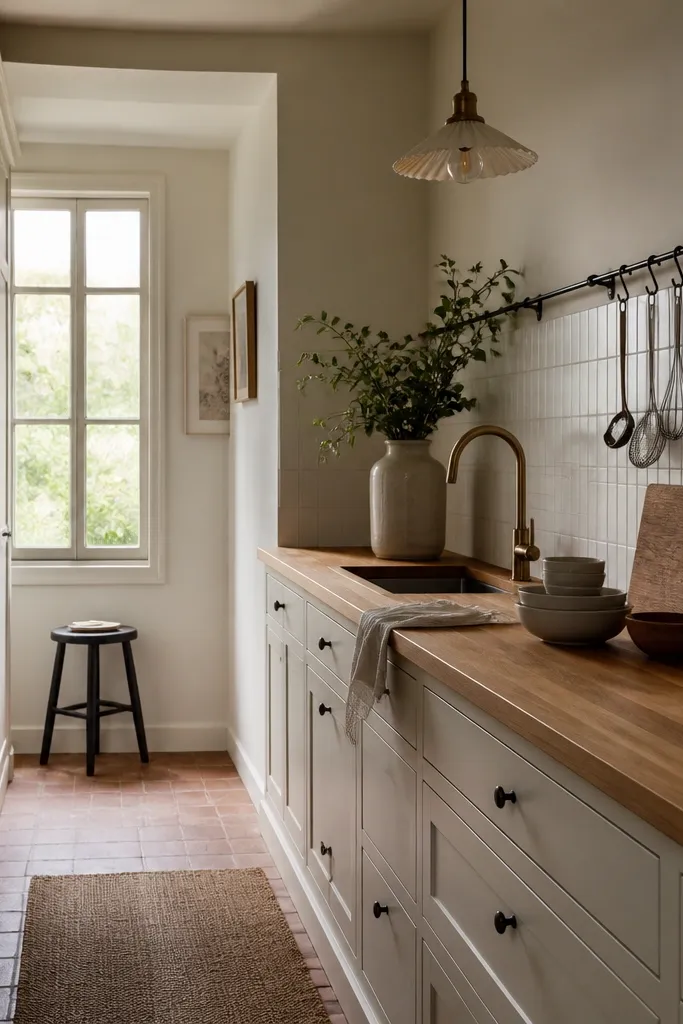 A narrow kitchen with cream built-in cabinets and a butcher block countertop. A black peg rail runs on the wall above the counter holding utensils. The backsplash is a thin white tile strip. A small pendant hangs over the counter.