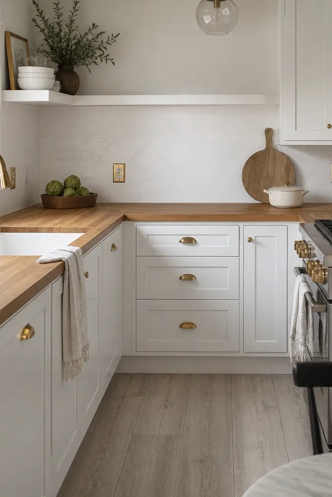 A small kitchen with white cabinets and a butcher block countertop. The backsplash is a white tile that looks like quartz with subtle gray veining. Brass outlet covers and a brass faucet. The floor is light gray wood-look plank.