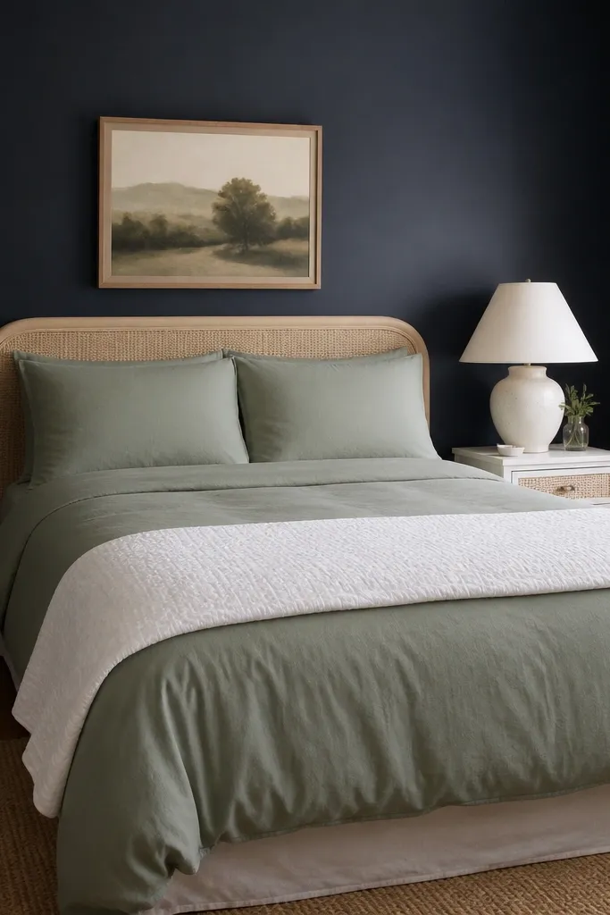 A small bedroom with navy-painted walls, a bed centered with sage green duvet and two matching shams, white cotton blanket folded at the foot, and a simple white rattan nightstand with a ceramic lamp.