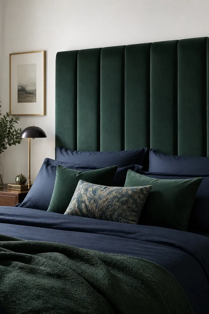A compact bedroom with white walls, a tall evergreen velvet upholstered headboard, navy sheet set, and a bed styled with a mix of deep green and navy pillows.