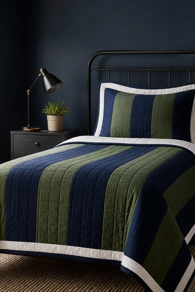 A bed in a small navy bedroom with a quilt featuring vertical navy and green stripes, a white pillow border, and a slim black metal bed frame.