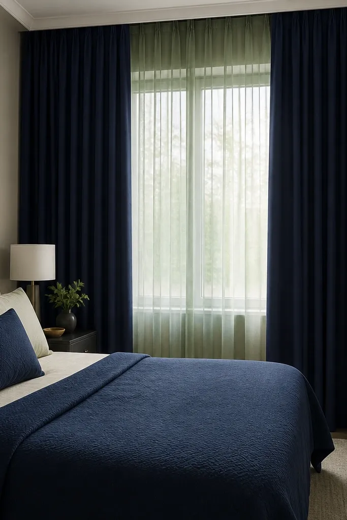 A window treatment in a small bedroom showing navy blackout drapes hanging from ceiling to floor with a sage sheer behind them, plus a navy bedspread and a matching throw pillow.